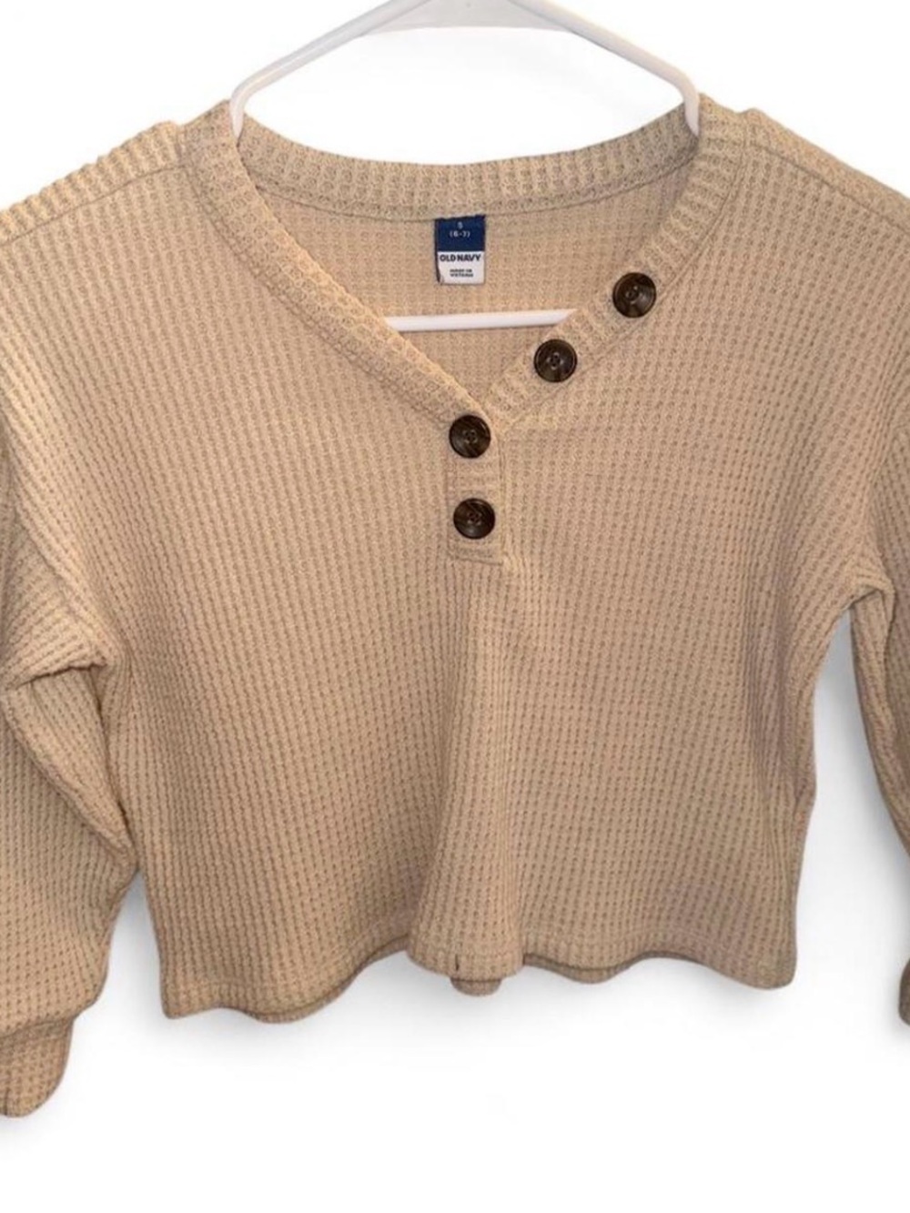 Old Navy Beige/Cream Waffle-Knit V-Neck Henley Sweater